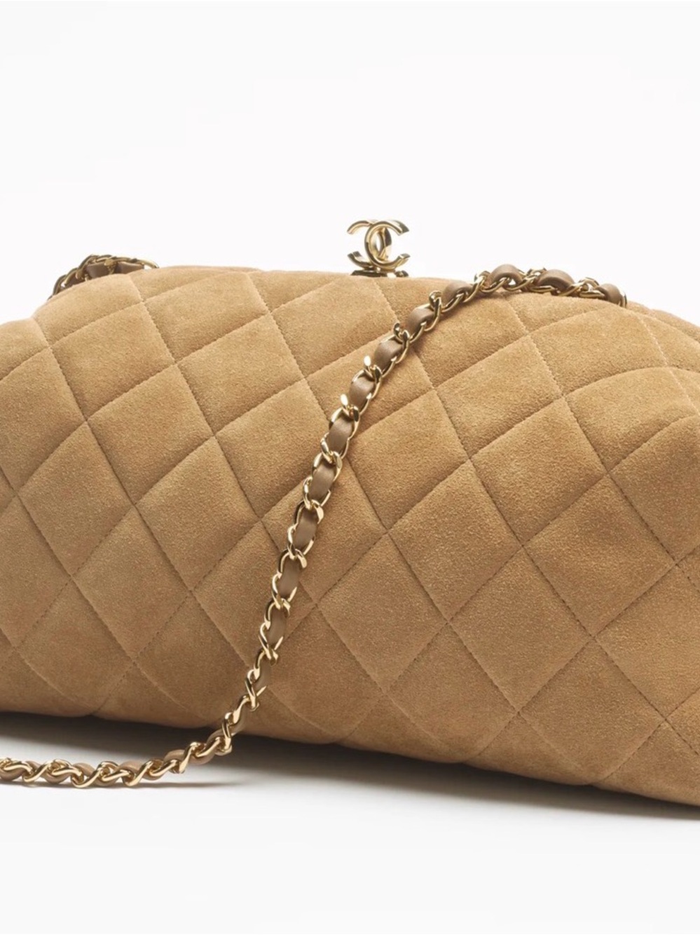 CHANEL dark beige Quilted Suede Shoulder clutch with Gold Chain